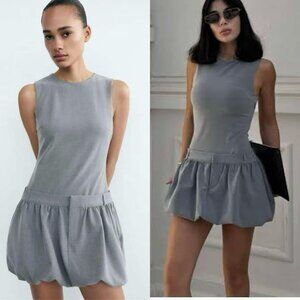 ZARA NEW WOMAN VOLUMINOUS SHORT Bubble Mini DRESS GREY Small 9122/554